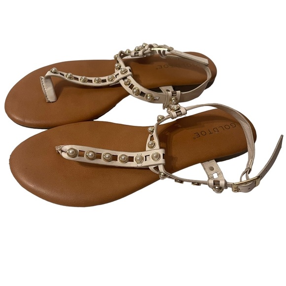 Goldtone T-Strap Buckle Closure White Flat Sandals With Faux Pearls Size 7 - Picture 5 of 6